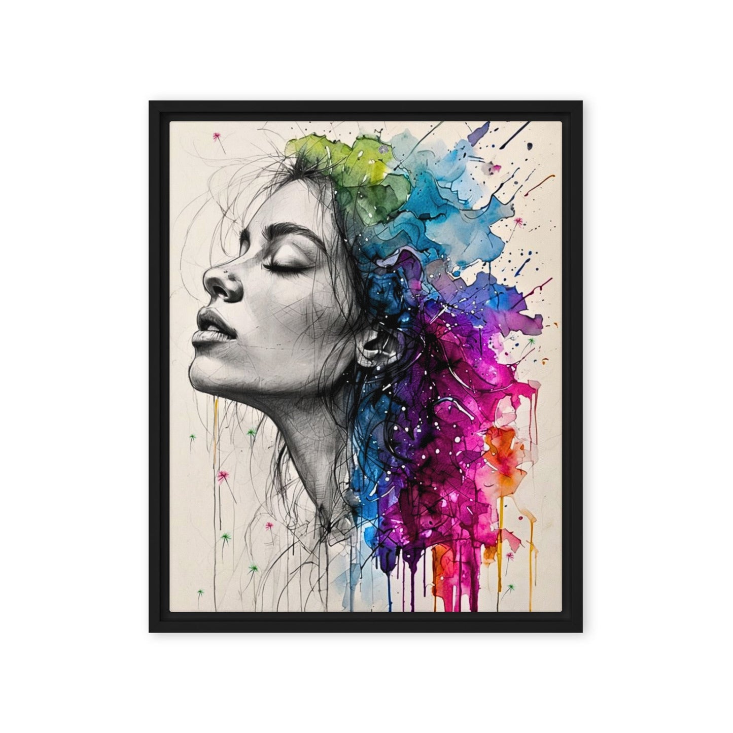 Black framed "{{product-type}}" featuring a woman's portrait with one half as a black and white sketch and the other half as an explosion of vibrant watercolour. The "{{title}}" design is a powerful piece of emotional art.