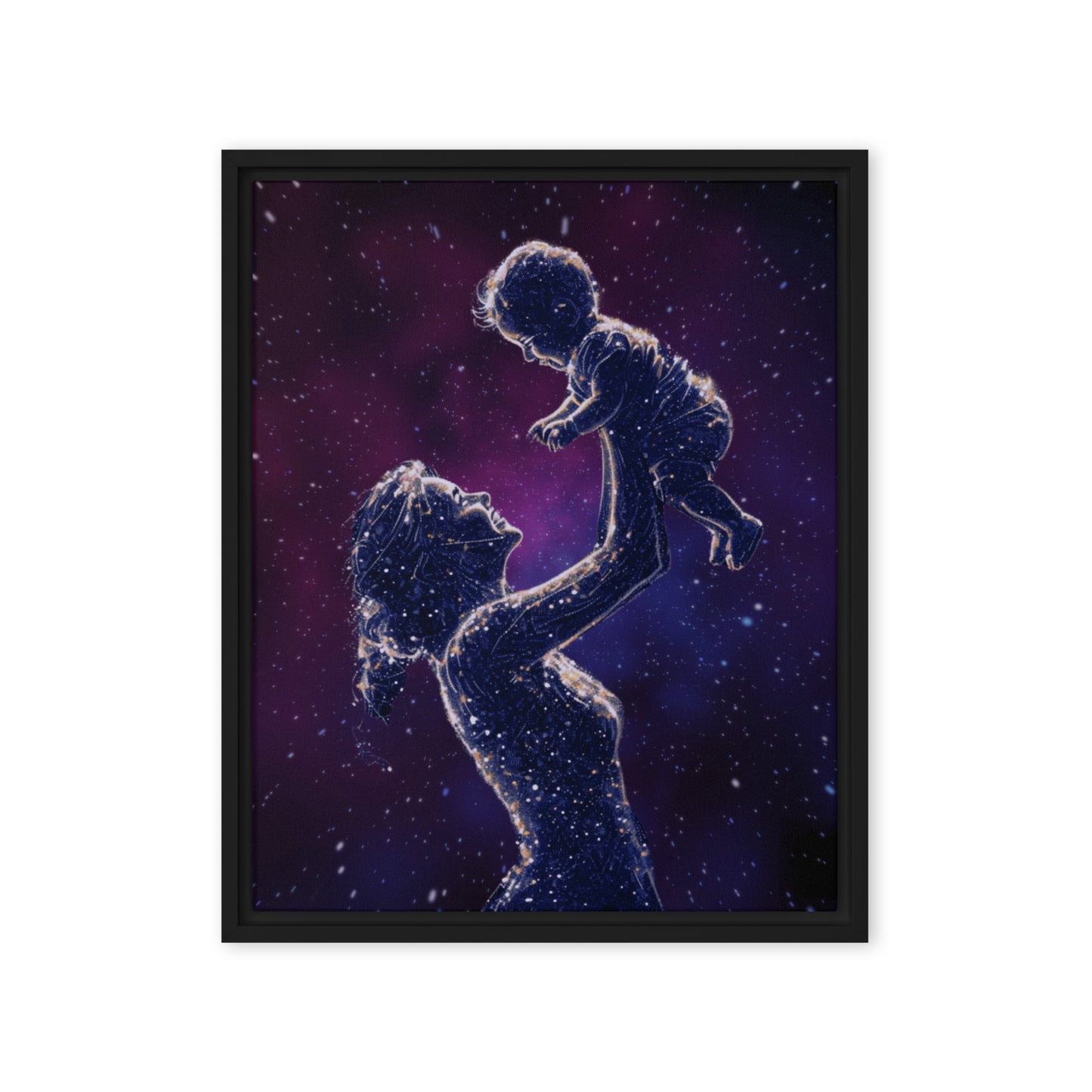 Black framed "{{product-type}}" featuring a mother's hand holding a baby's hand in a continuous line art drawing. The "{{title}}" design is a beautiful and personalised piece of emotional art.