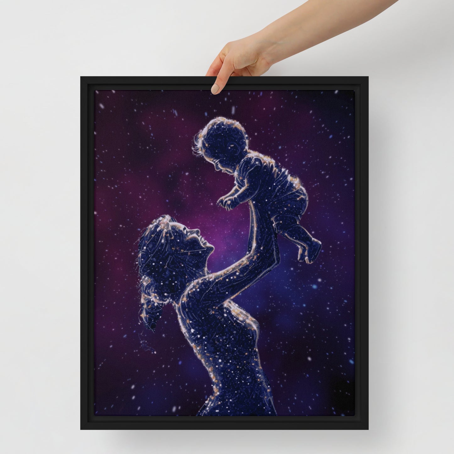Black framed "{{product-type}}" featuring a mother's hand holding a baby's hand in a continuous line art drawing. The "{{title}}" design is a beautiful and personalised piece of emotional art.