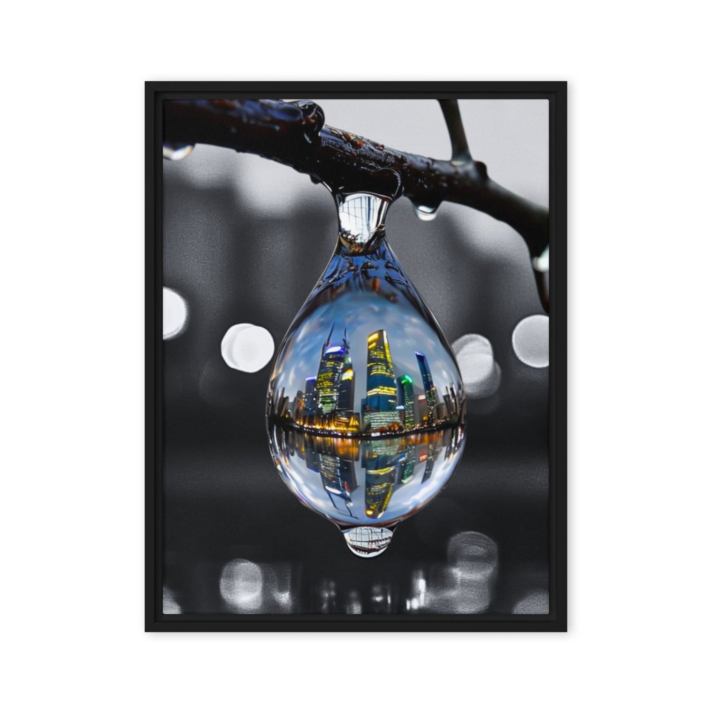 Framed canvas art print of a colorful city skyline reflected in a water droplet. Features unique abstract photography with vibrant colors against a monochrome background. Modern and stylish wall decor.