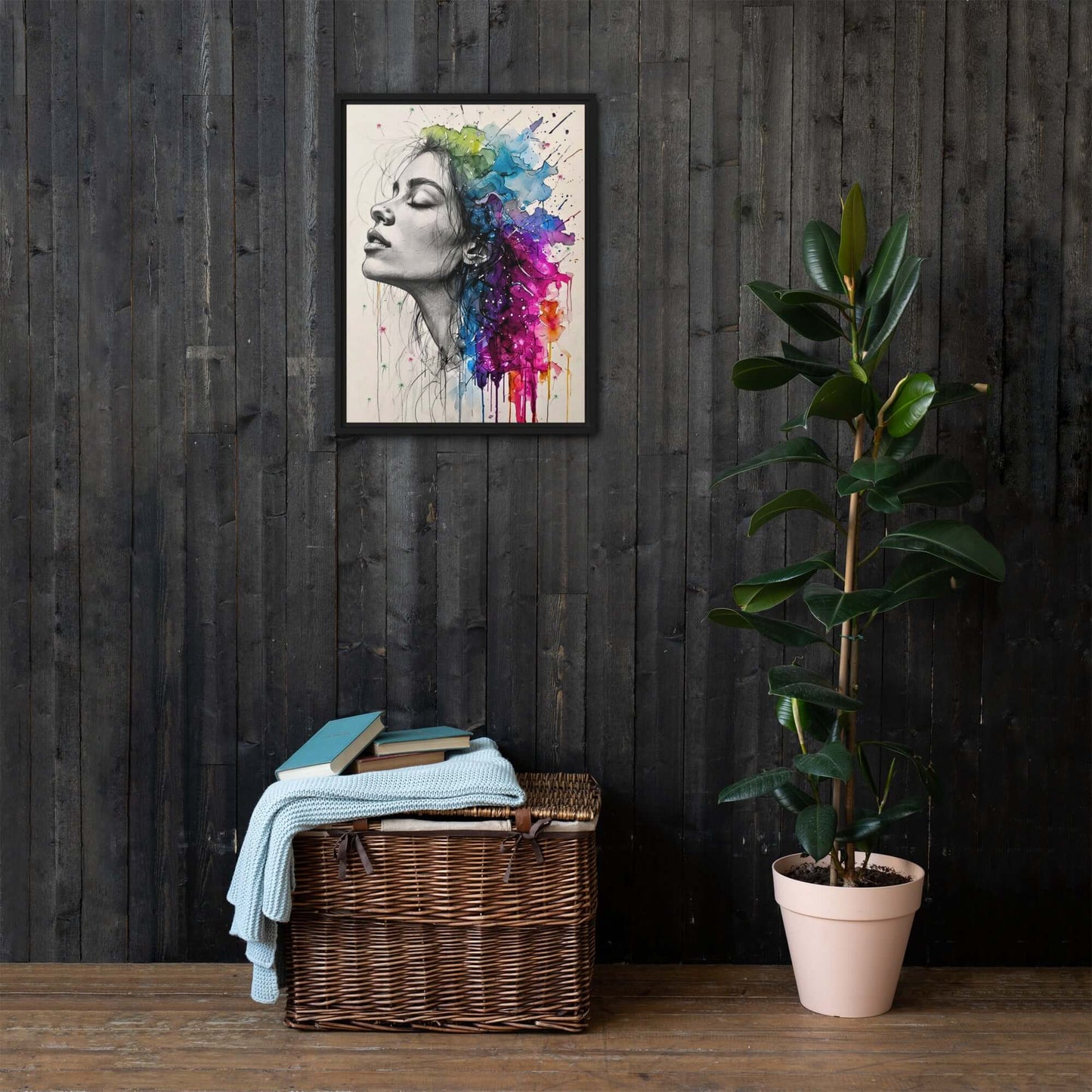 Black framed "{{product-type}}" featuring a woman's portrait with one half as a black and white sketch and the other half as an explosion of vibrant watercolour. The "{{title}}" design is a powerful piece of emotional art.