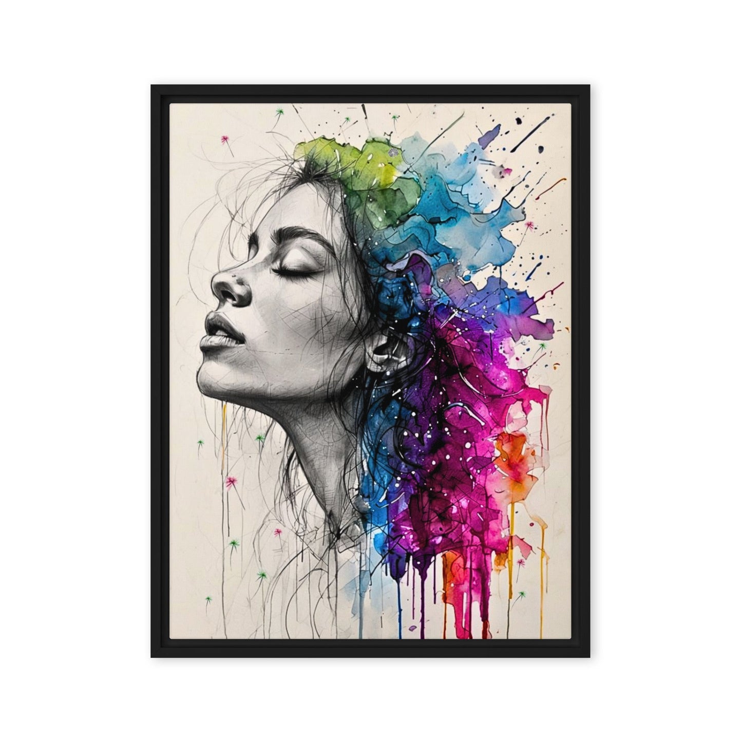 Black framed "{{product-type}}" featuring a woman's portrait with one half as a black and white sketch and the other half as an explosion of vibrant watercolour. The "{{title}}" design is a powerful piece of emotional art.