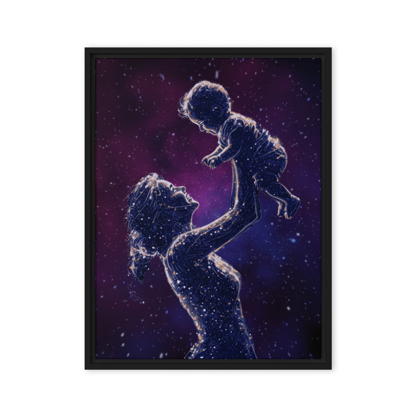 Black framed "{{product-type}}" featuring a mother's hand holding a baby's hand in a continuous line art drawing. The "{{title}}" design is a beautiful and personalised piece of emotional art.
