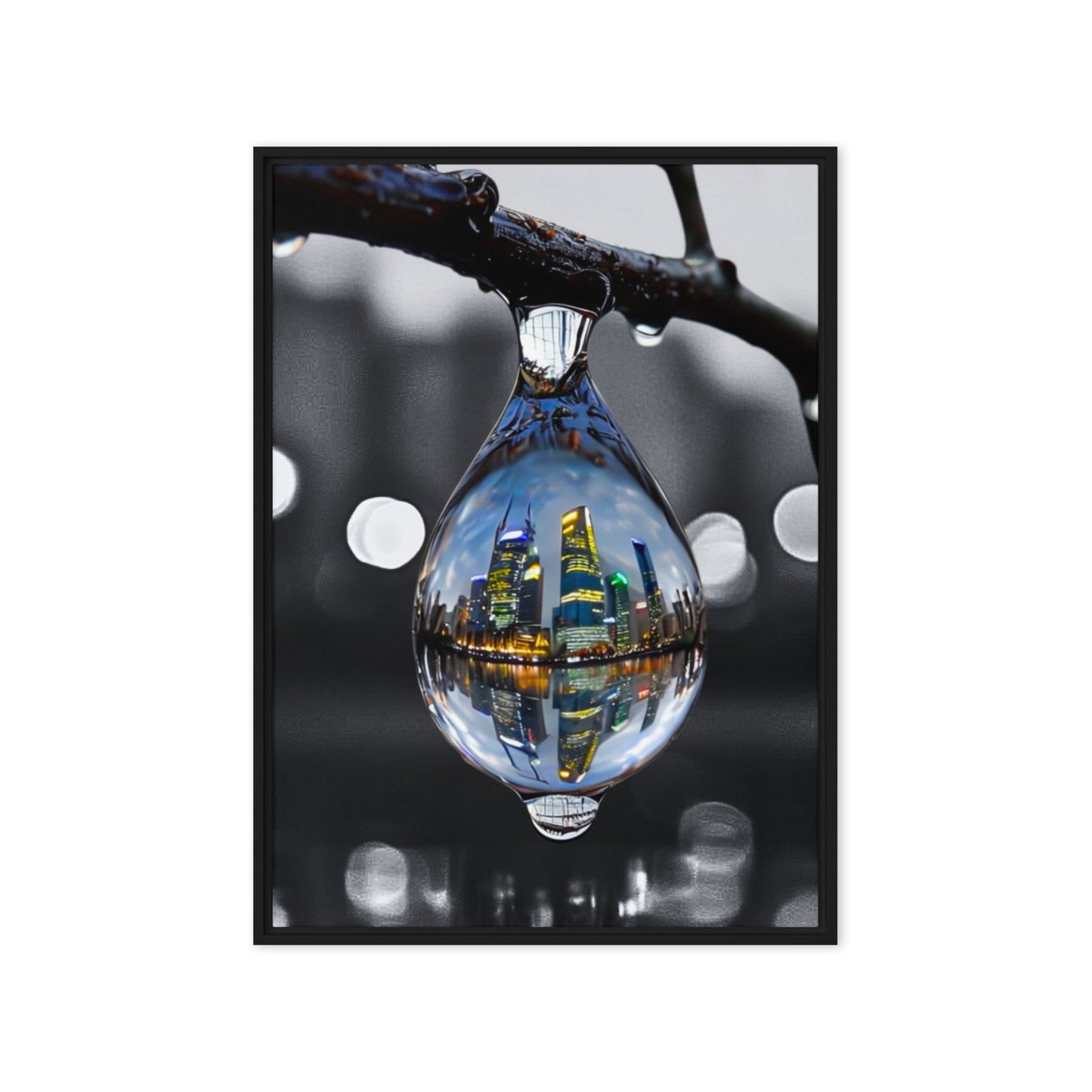 Framed canvas art print of a colorful city skyline reflected in a water droplet. Features unique abstract photography with vibrant colors against a monochrome background. Modern and stylish wall decor.