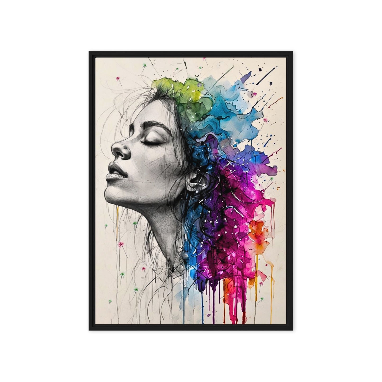 Black framed "{{product-type}}" featuring a woman's portrait with one half as a black and white sketch and the other half as an explosion of vibrant watercolour. The "{{title}}" design is a powerful piece of emotional art.