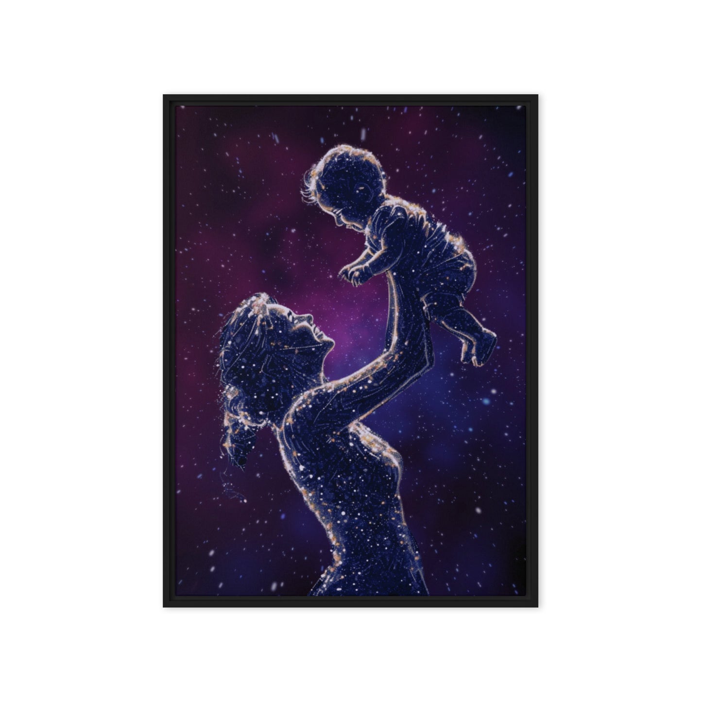 Black framed "{{product-type}}" featuring a mother's hand holding a baby's hand in a continuous line art drawing. The "{{title}}" design is a beautiful and personalised piece of emotional art.