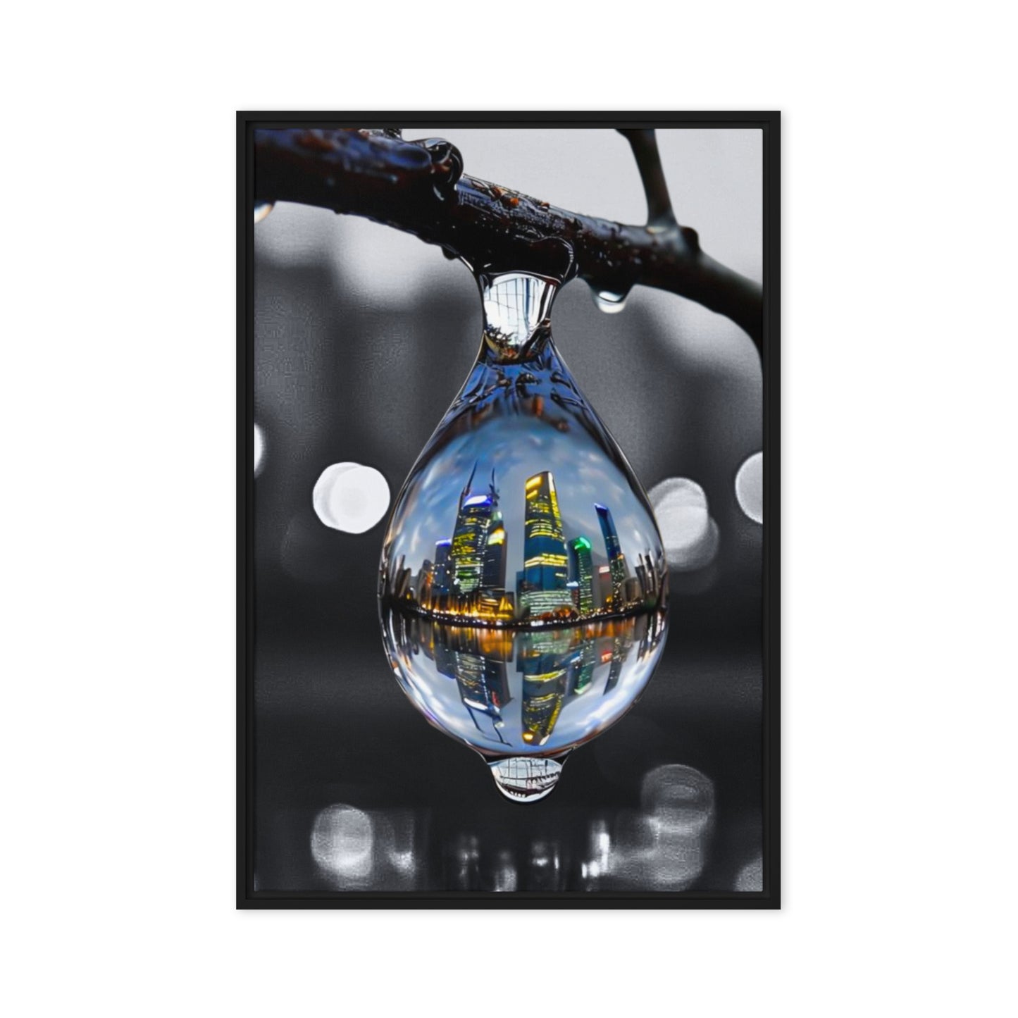 Framed canvas art print of a colorful city skyline reflected in a water droplet. Features unique abstract photography with vibrant colors against a monochrome background. Modern and stylish wall decor.