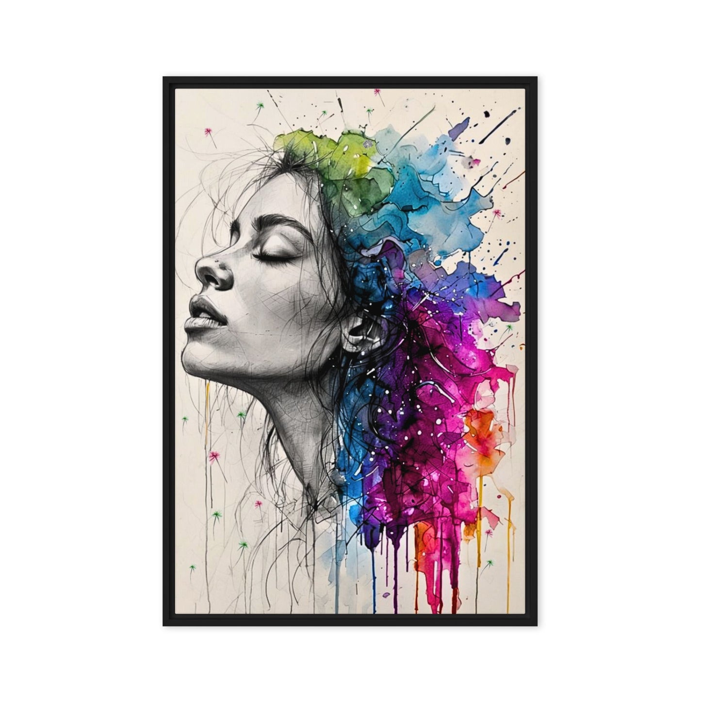 Black framed "{{product-type}}" featuring a woman's portrait with one half as a black and white sketch and the other half as an explosion of vibrant watercolour. The "{{title}}" design is a powerful piece of emotional art.