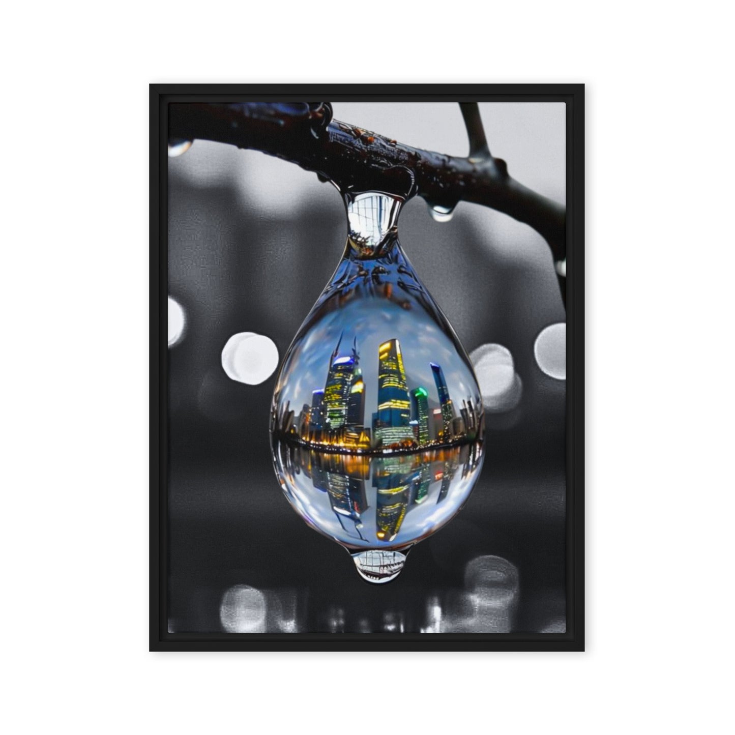 Framed canvas art print of a colorful city skyline reflected in a water droplet. Features unique abstract photography with vibrant colors against a monochrome background. Modern and stylish wall decor.