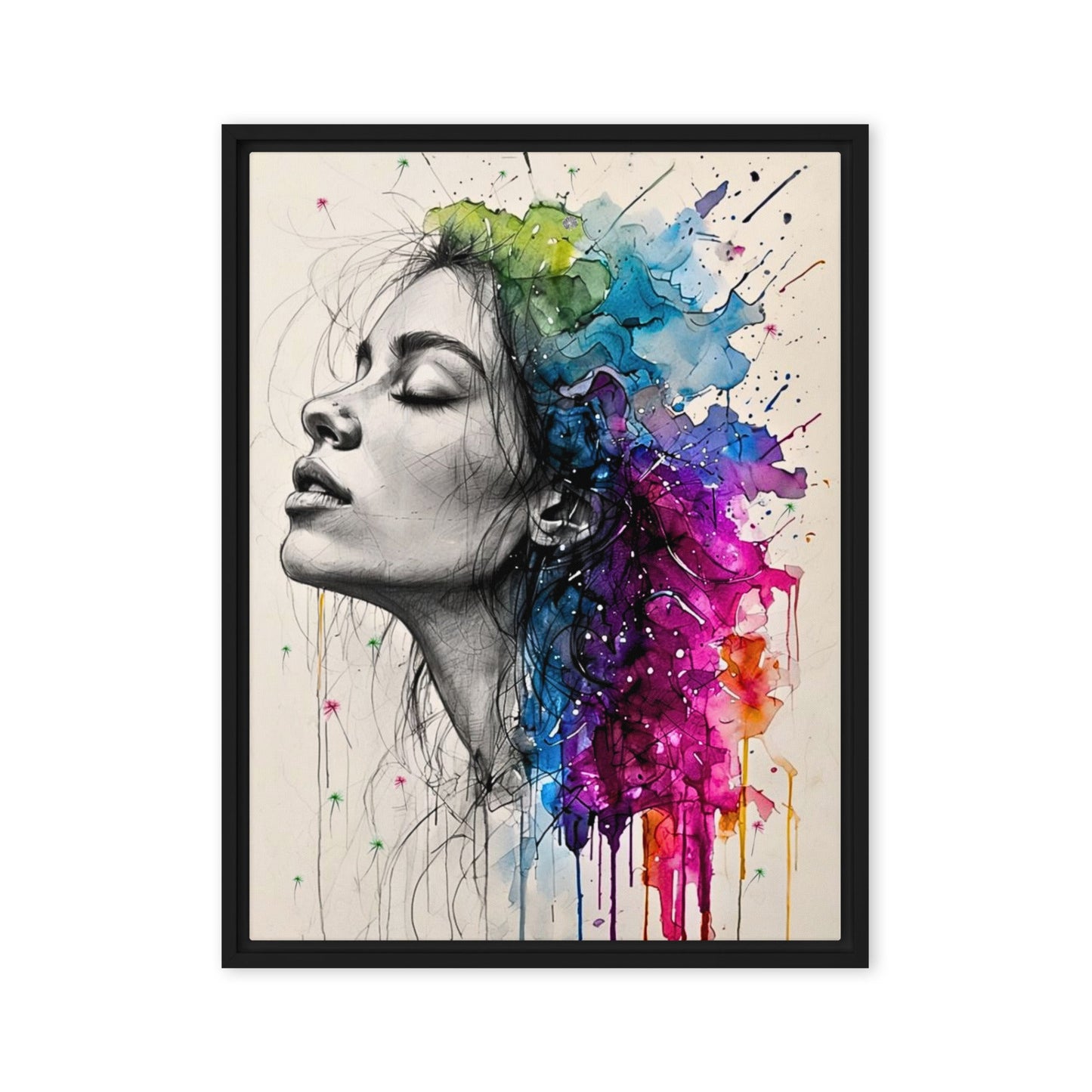 Black framed "{{product-type}}" featuring a woman's portrait with one half as a black and white sketch and the other half as an explosion of vibrant watercolour. The "{{title}}" design is a powerful piece of emotional art.