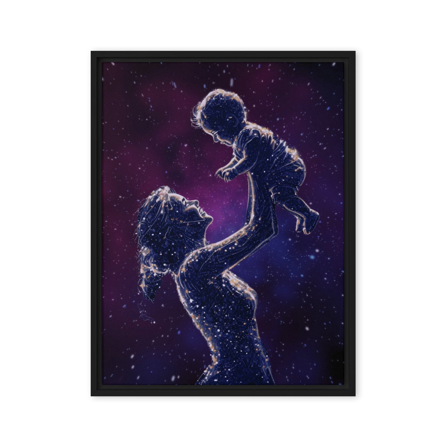 Black framed "{{product-type}}" featuring a mother's hand holding a baby's hand in a continuous line art drawing. The "{{title}}" design is a beautiful and personalised piece of emotional art.