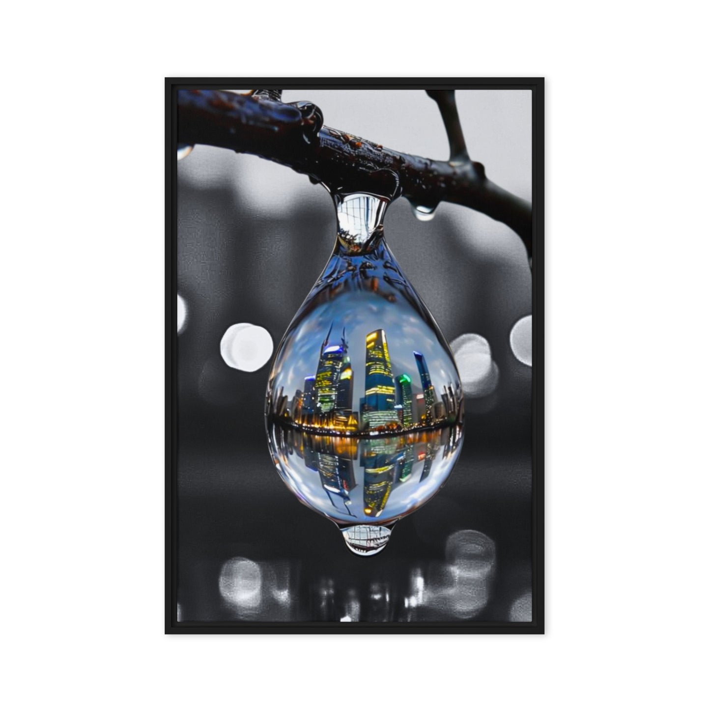 Framed canvas art print of a colorful city skyline reflected in a water droplet. Features unique abstract photography with vibrant colors against a monochrome background. Modern and stylish wall decor.