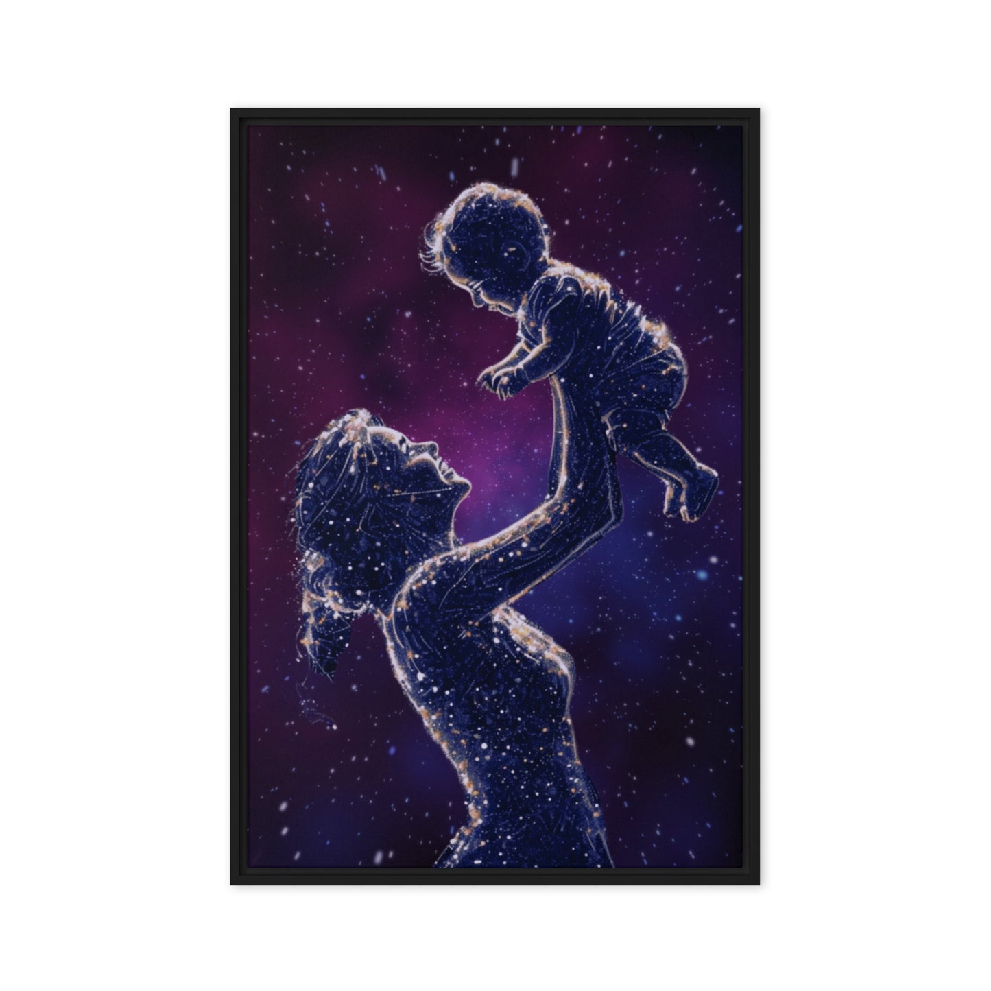 Black framed "{{product-type}}" featuring a mother's hand holding a baby's hand in a continuous line art drawing. The "{{title}}" design is a beautiful and personalised piece of emotional art.