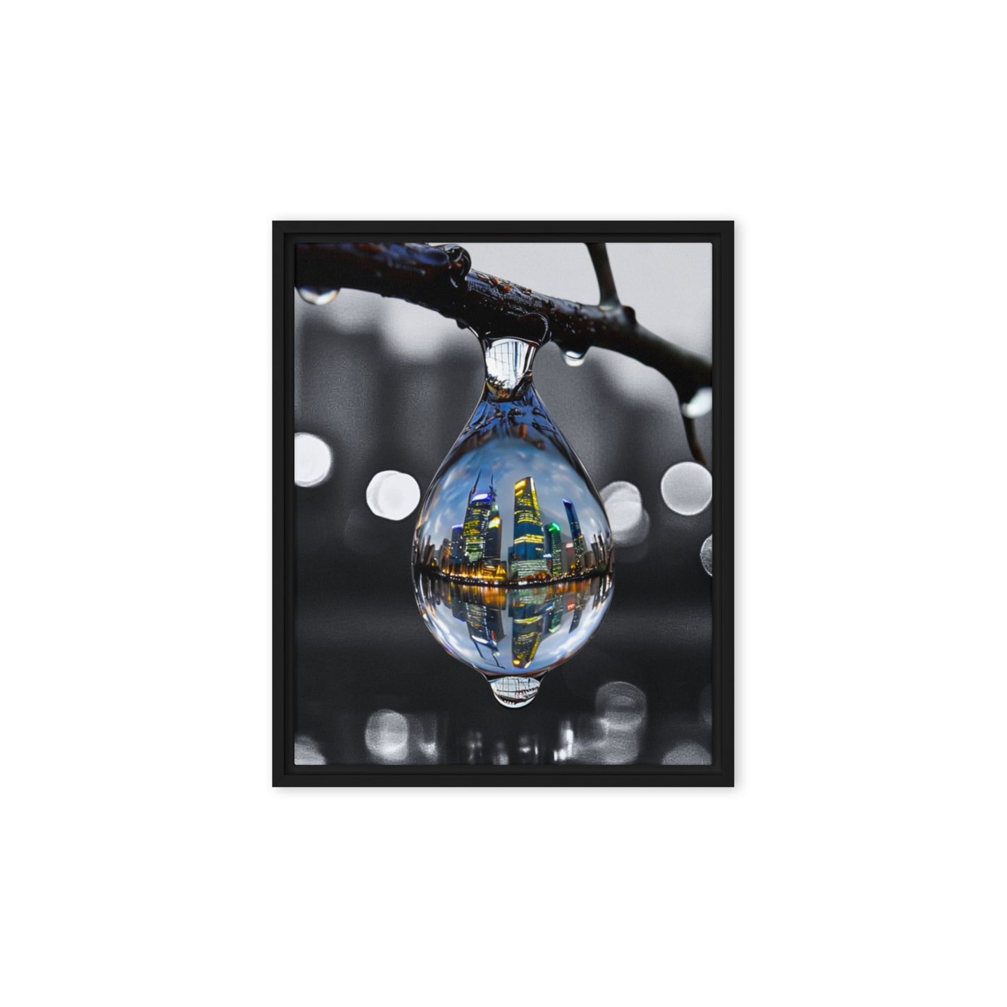 Framed canvas art print of a colorful city skyline reflected in a water droplet. Features unique abstract photography with vibrant colors against a monochrome background. Modern and stylish wall decor.