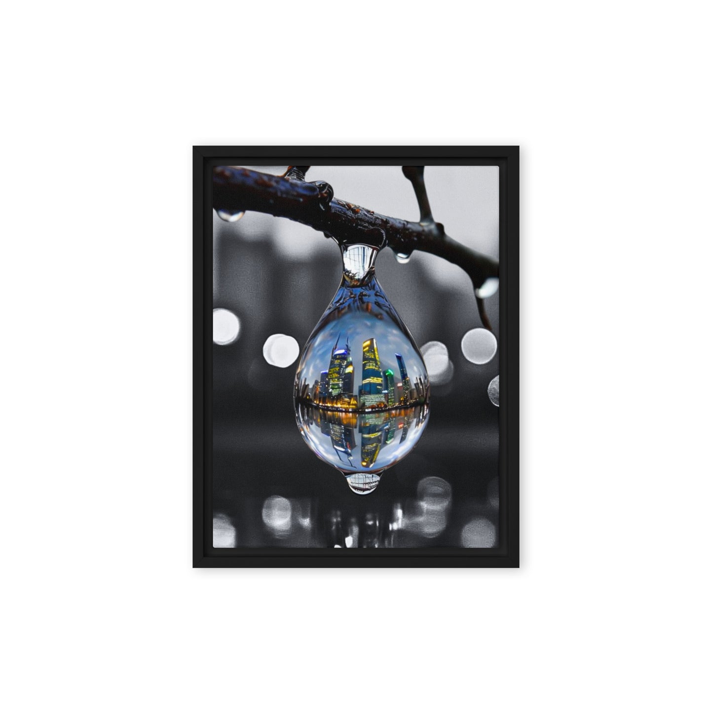 Framed canvas art print of a colorful city skyline reflected in a water droplet. Features unique abstract photography with vibrant colors against a monochrome background. Modern and stylish wall decor.