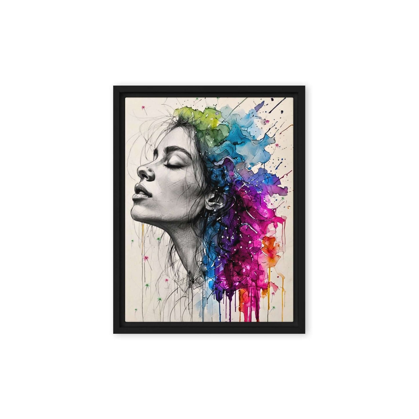 Black framed "{{product-type}}" featuring a woman's portrait with one half as a black and white sketch and the other half as an explosion of vibrant watercolour. The "{{title}}" design is a powerful piece of emotional art.