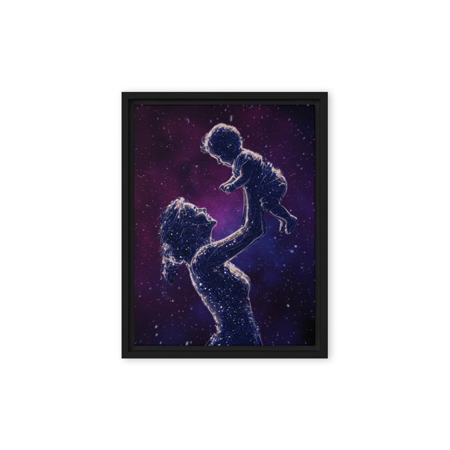 Black framed "{{product-type}}" featuring a mother's hand holding a baby's hand in a continuous line art drawing. The "{{title}}" design is a beautiful and personalised piece of emotional art.