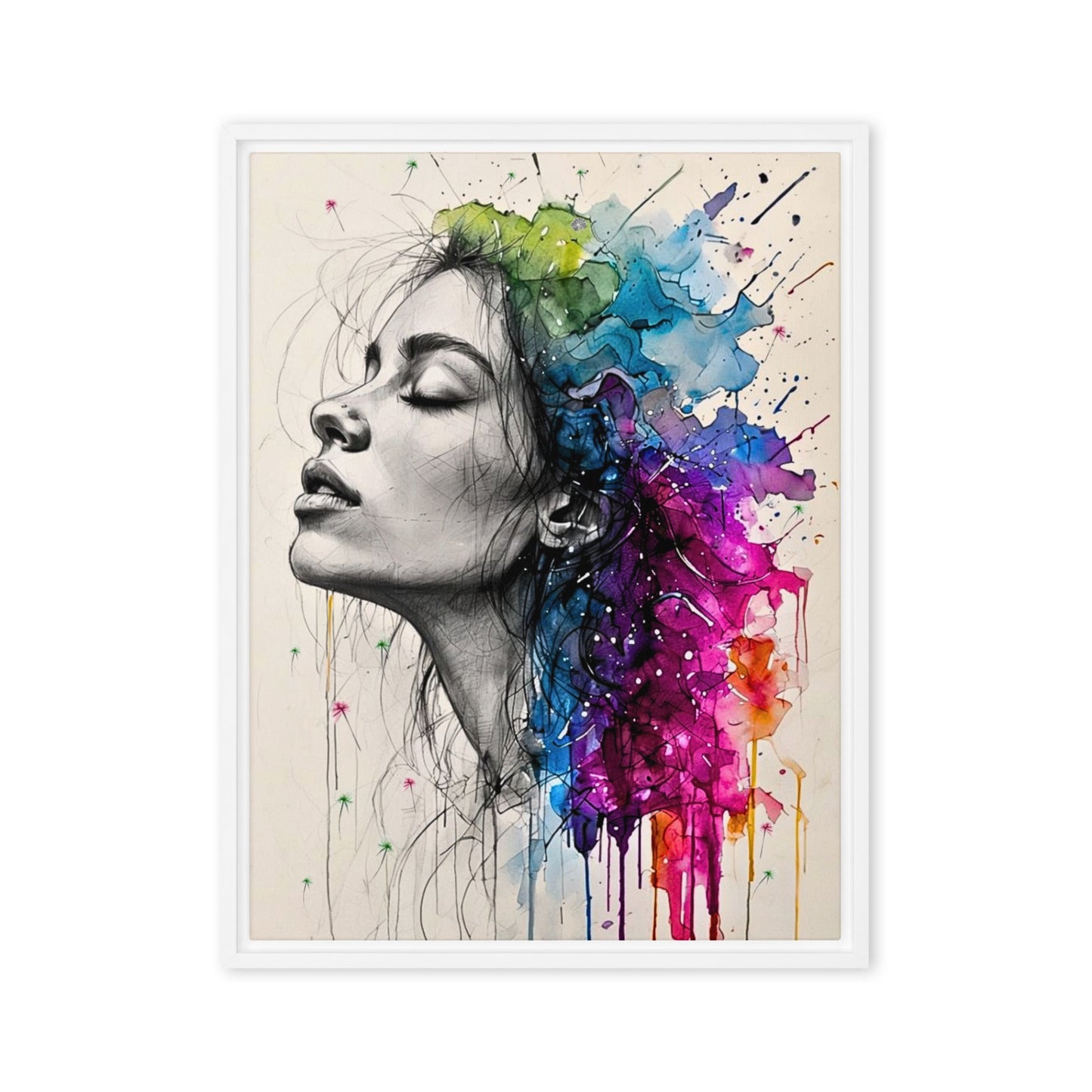Black framed "{{product-type}}" featuring a woman's portrait with one half as a black and white sketch and the other half as an explosion of vibrant watercolour. The "{{title}}" design is a powerful piece of emotional art.