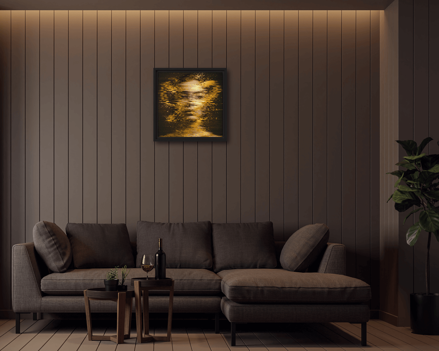 Black framed "{{product-type}}" with an abstract design of shimmering gold light on a dark background. The "{{title}}" art is a modern and calming piece for inner peace.