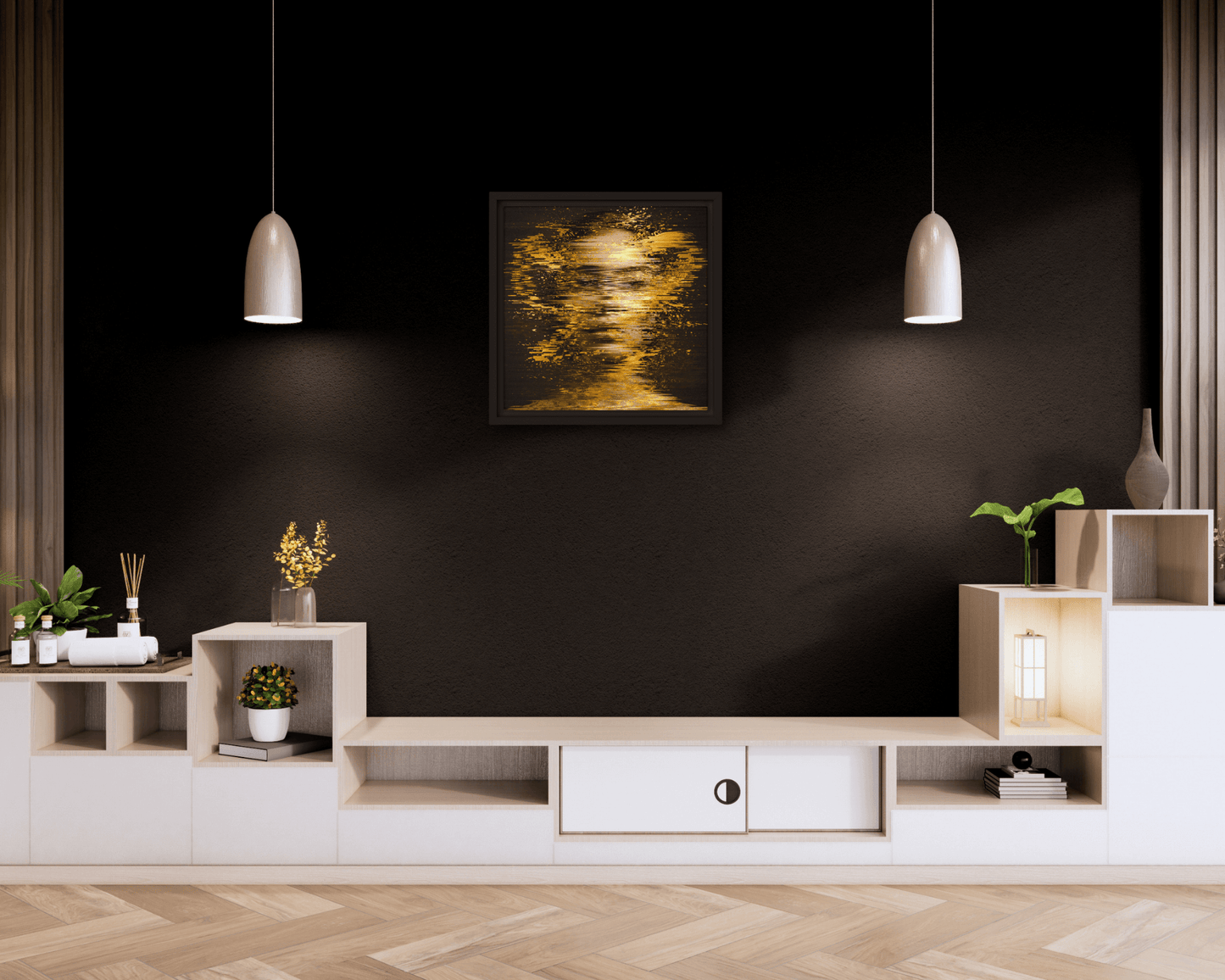 Black framed "{{product-type}}" with an abstract design of shimmering gold light on a dark background. The "{{title}}" art is a modern and calming piece for inner peace.
