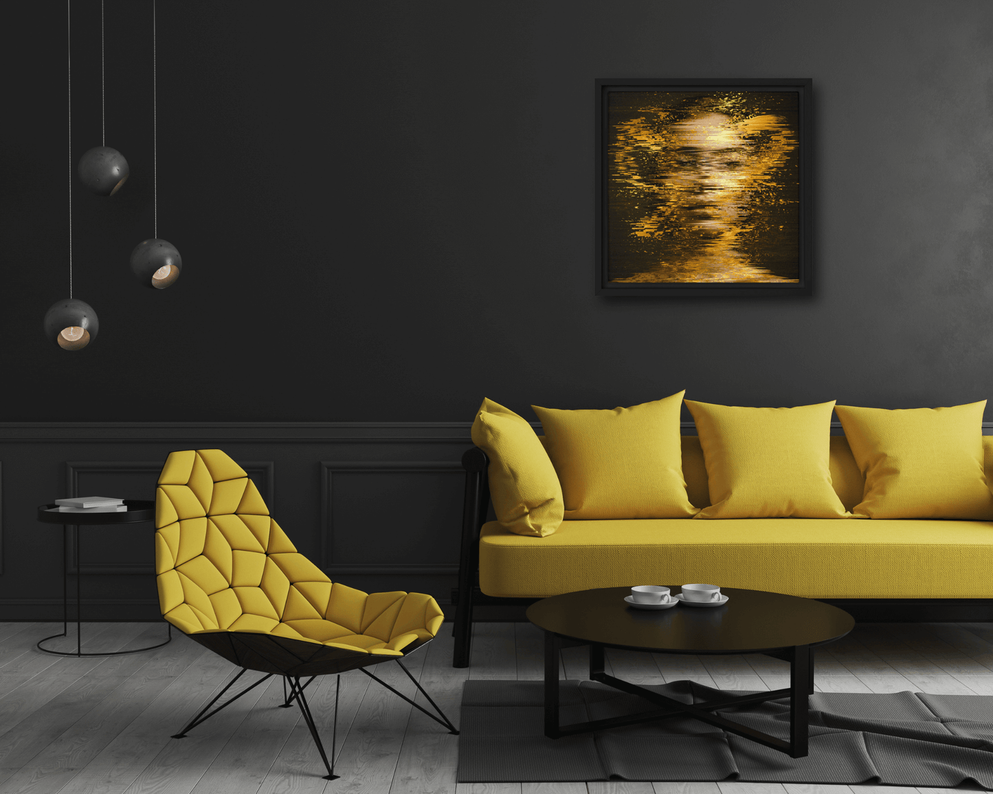 Black framed "{{product-type}}" with an abstract design of shimmering gold light on a dark background. The "{{title}}" art is a modern and calming piece for inner peace.
