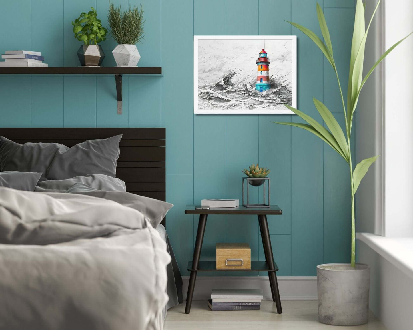 Framed "{{product-type}}" featuring a colourful lighthouse in a stormy sea, symbolising strength and resilience. The "{{title}}" design is an inspirational piece of coastal wall art.