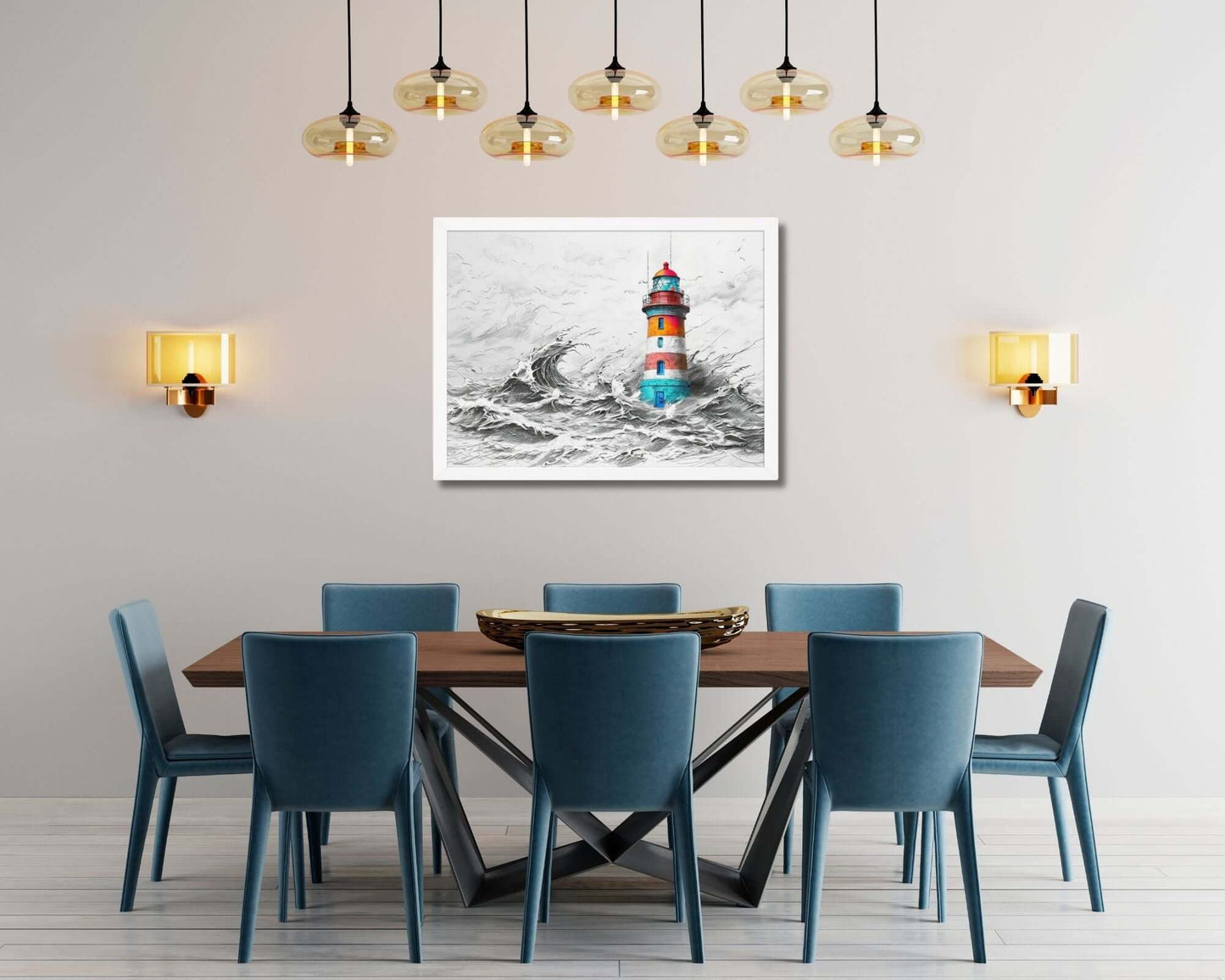 Framed "{{product-type}}" featuring a colourful lighthouse in a stormy sea, symbolising strength and resilience. The "{{title}}" design is an inspirational piece of coastal wall art.