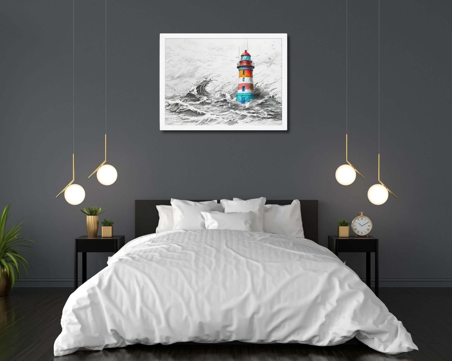 Framed "{{product-type}}" featuring a colourful lighthouse in a stormy sea, symbolising strength and resilience. The "{{title}}" design is an inspirational piece of coastal wall art.
