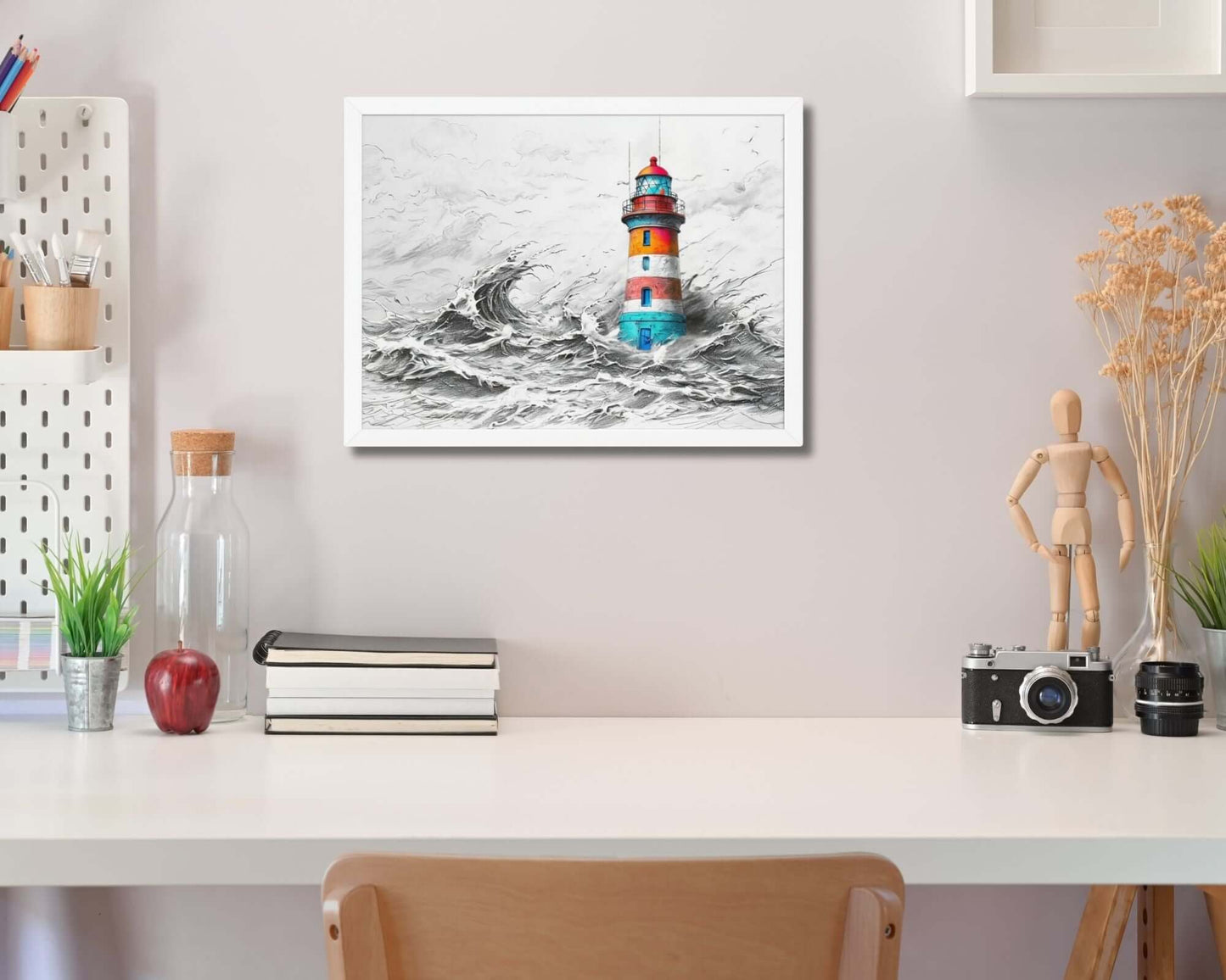 Framed "{{product-type}}" featuring a colourful lighthouse in a stormy sea, symbolising strength and resilience. The "{{title}}" design is an inspirational piece of coastal wall art.