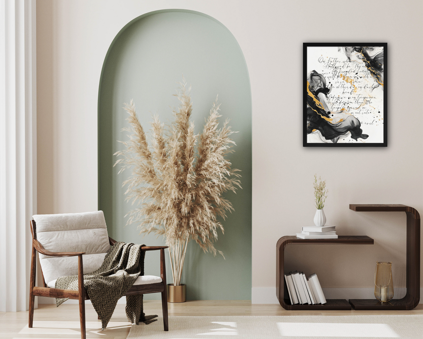 Framed scripture art poster with black and gold abstract marble design. Features the Lord's Prayer in elegant calligraphy. Ideal for religious home decor and inspirational wall art.
