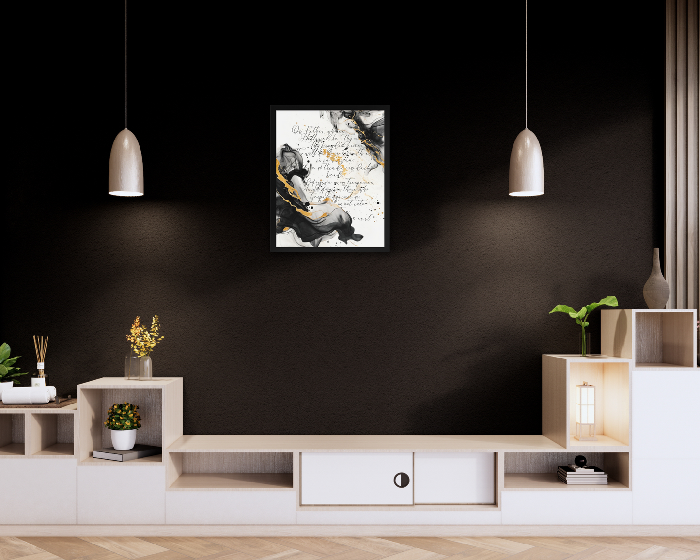 Framed scripture art poster with black and gold abstract marble design. Features the Lord's Prayer in elegant calligraphy. Ideal for religious home decor and inspirational wall art.