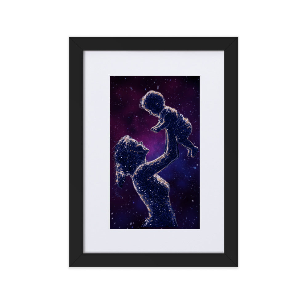 Framed art titled 'Celestial Motherhood – Cosmic Starry Night,' featuring a cosmic design with a mother and child under a starry sky, perfect for elegant and meaningful home decor.