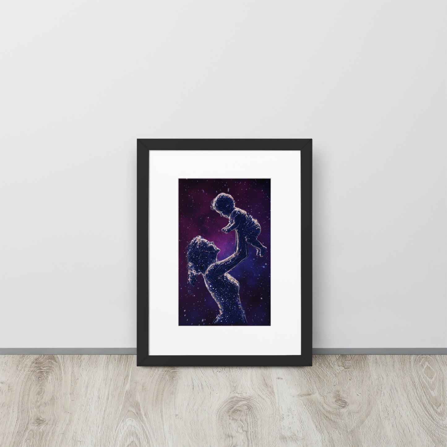 Framed art titled 'Celestial Motherhood – Cosmic Starry Night,' featuring a cosmic design with a mother and child under a starry sky, perfect for elegant and meaningful home decor.