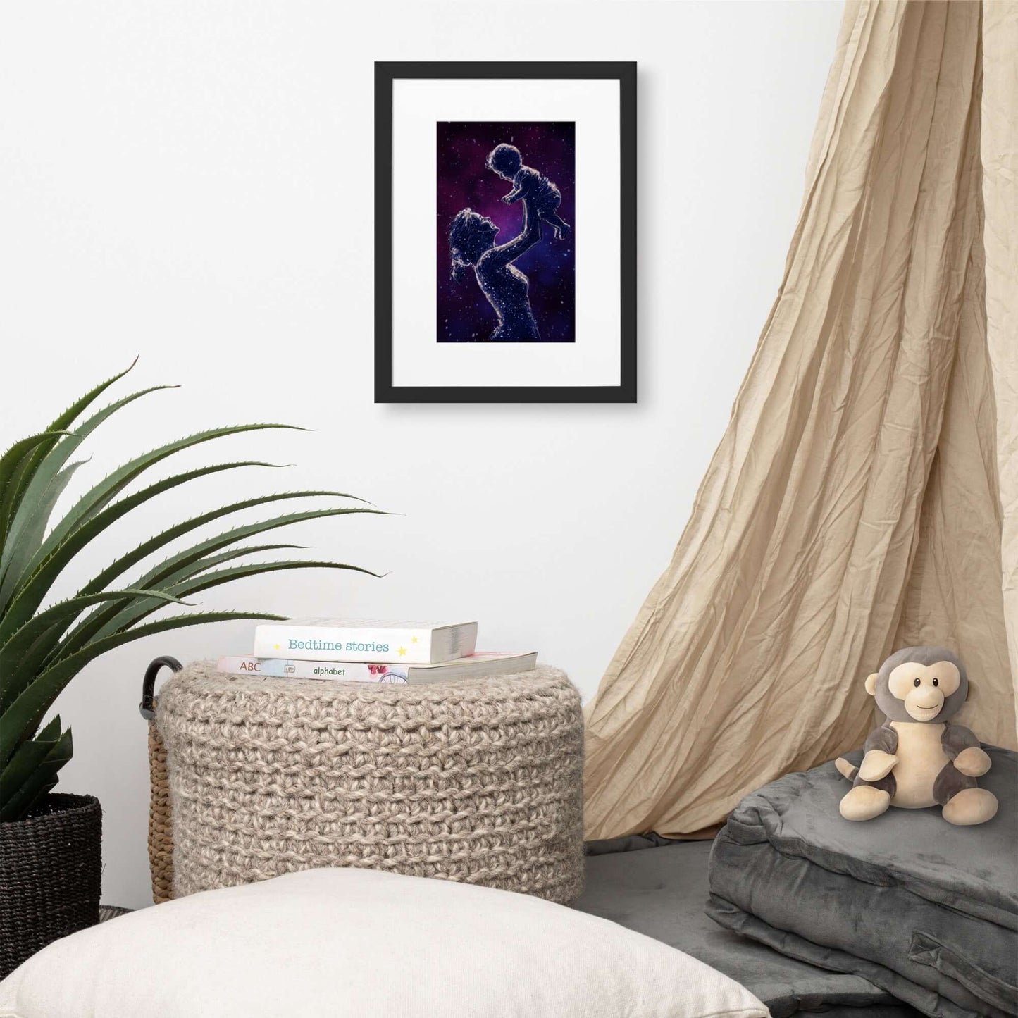 Framed art titled 'Celestial Motherhood – Cosmic Starry Night,' featuring a cosmic design with a mother and child under a starry sky, perfect for elegant and meaningful home decor.