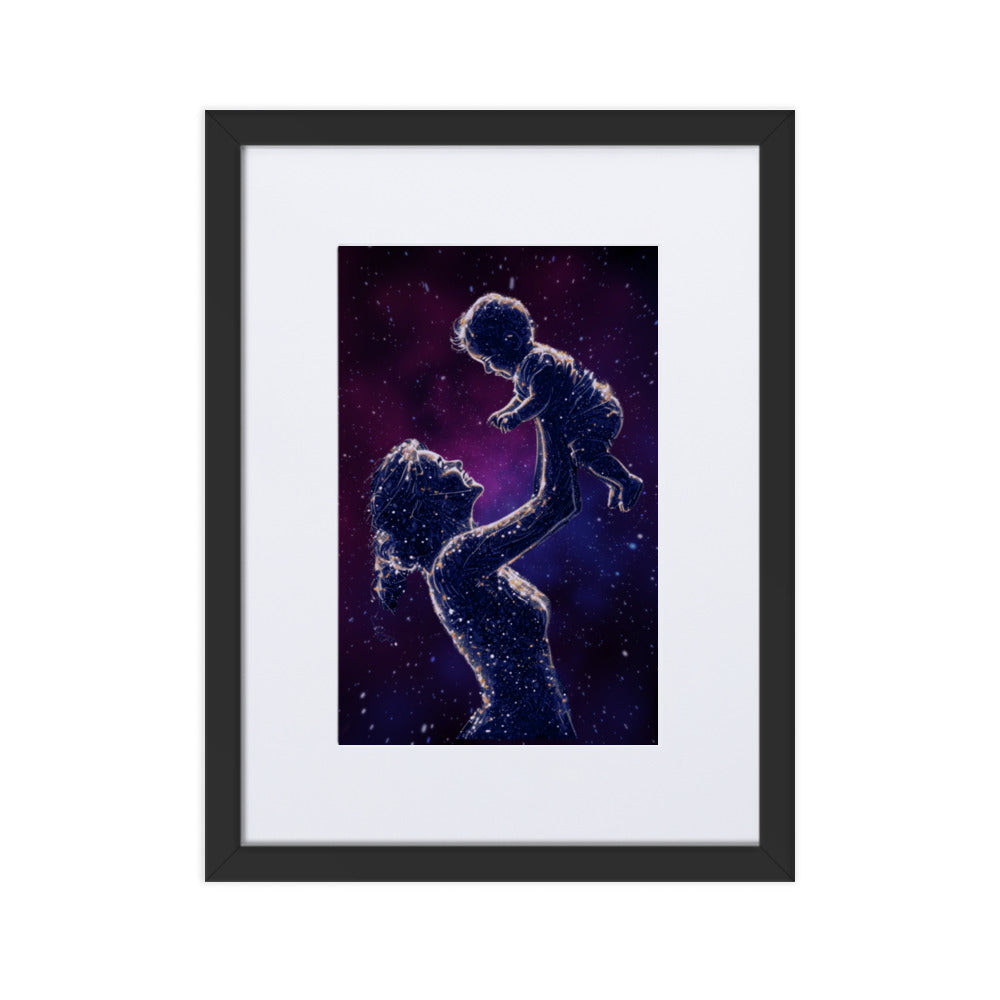 Framed art titled 'Celestial Motherhood – Cosmic Starry Night,' featuring a cosmic design with a mother and child under a starry sky, perfect for elegant and meaningful home decor.
