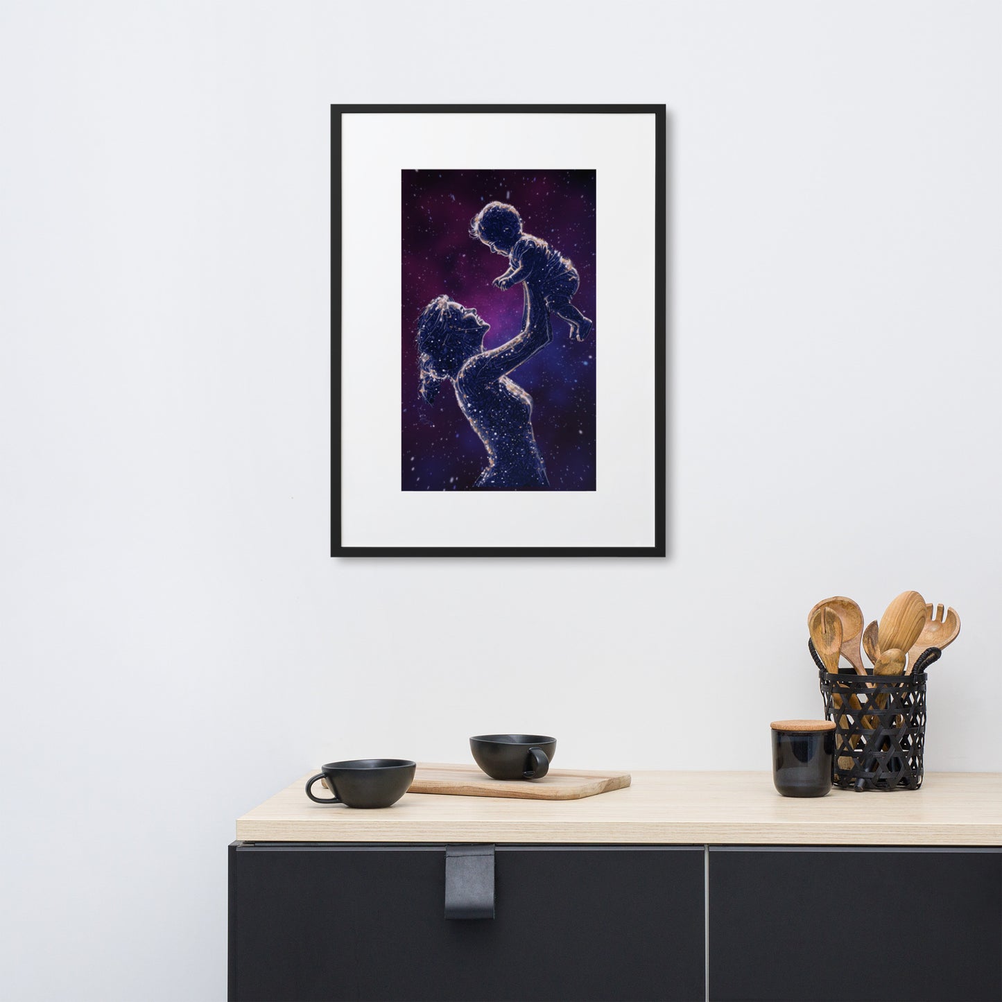 Framed art titled 'Celestial Motherhood – Cosmic Starry Night,' featuring a cosmic design with a mother and child under a starry sky, perfect for elegant and meaningful home decor.