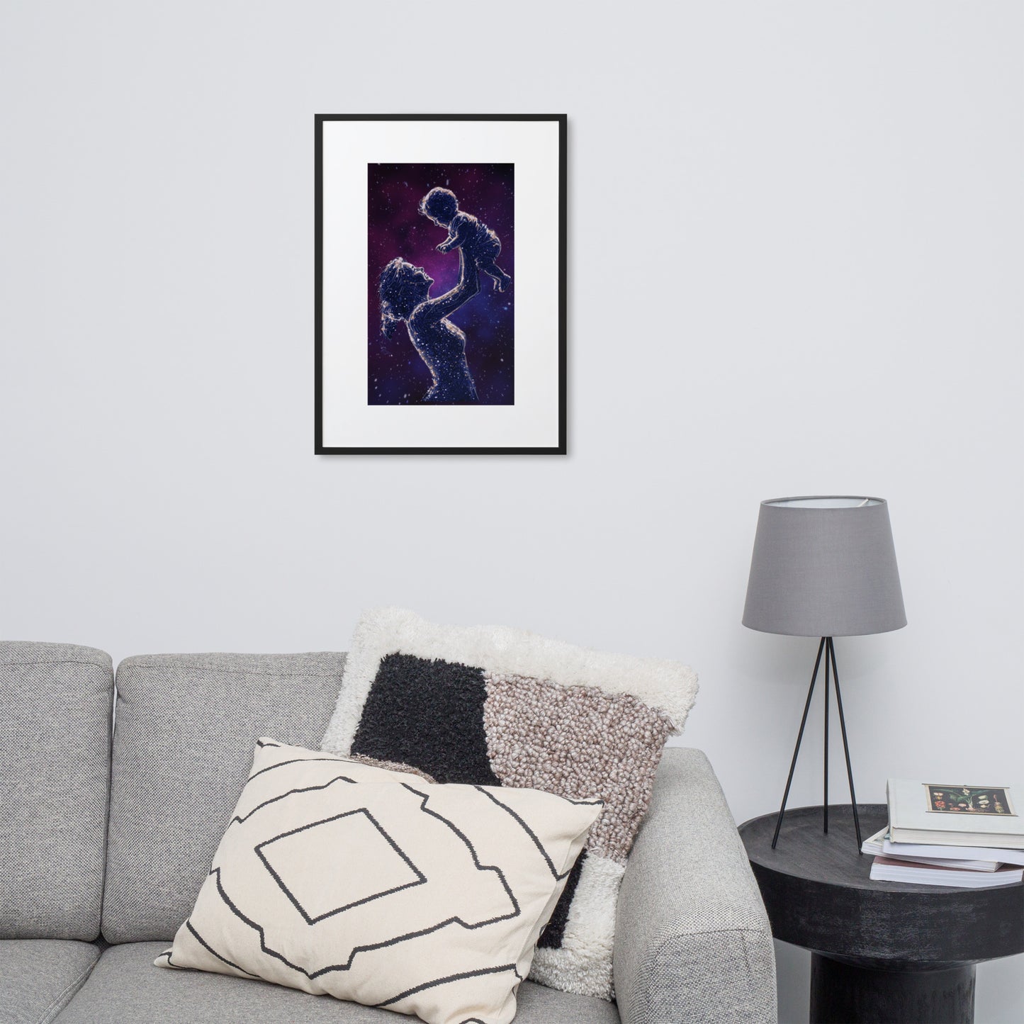 Framed art titled 'Celestial Motherhood – Cosmic Starry Night,' featuring a cosmic design with a mother and child under a starry sky, perfect for elegant and meaningful home decor.