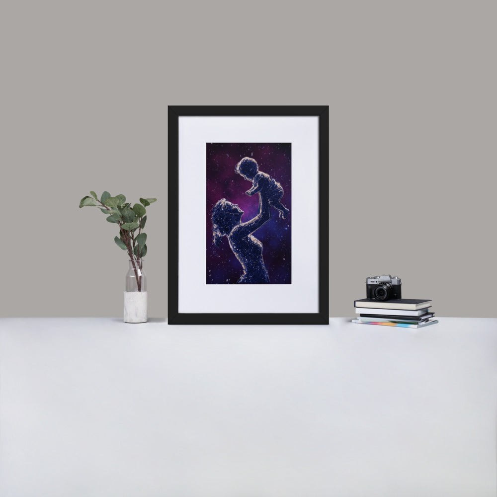 Framed art titled 'Celestial Motherhood – Cosmic Starry Night,' featuring a cosmic design with a mother and child under a starry sky, perfect for elegant and meaningful home decor.