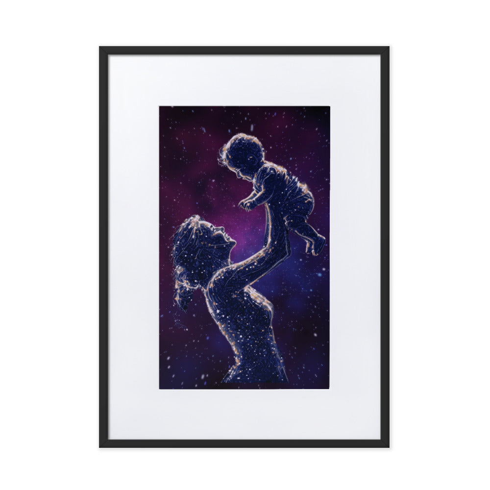 Framed art titled 'Celestial Motherhood – Cosmic Starry Night,' featuring a cosmic design with a mother and child under a starry sky, perfect for elegant and meaningful home decor.