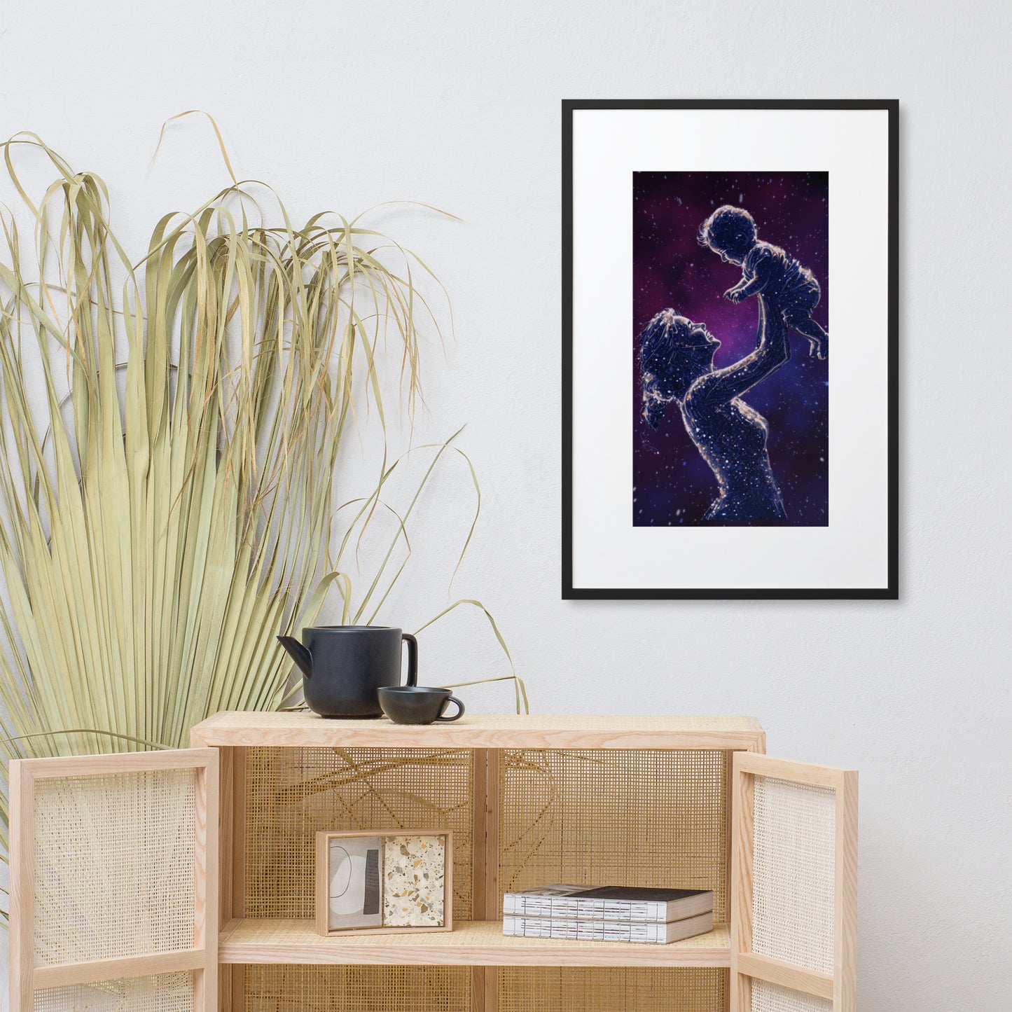 Framed art titled 'Celestial Motherhood – Cosmic Starry Night,' featuring a cosmic design with a mother and child under a starry sky, perfect for elegant and meaningful home decor.
