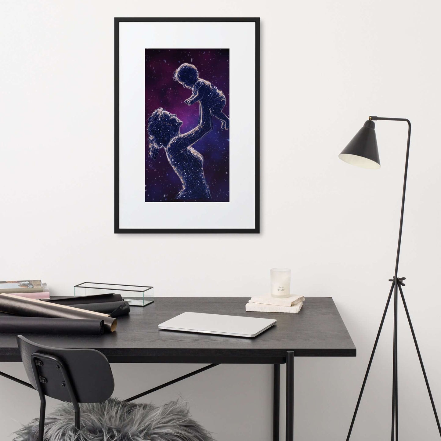 Framed art titled 'Celestial Motherhood – Cosmic Starry Night,' featuring a cosmic design with a mother and child under a starry sky, perfect for elegant and meaningful home decor.