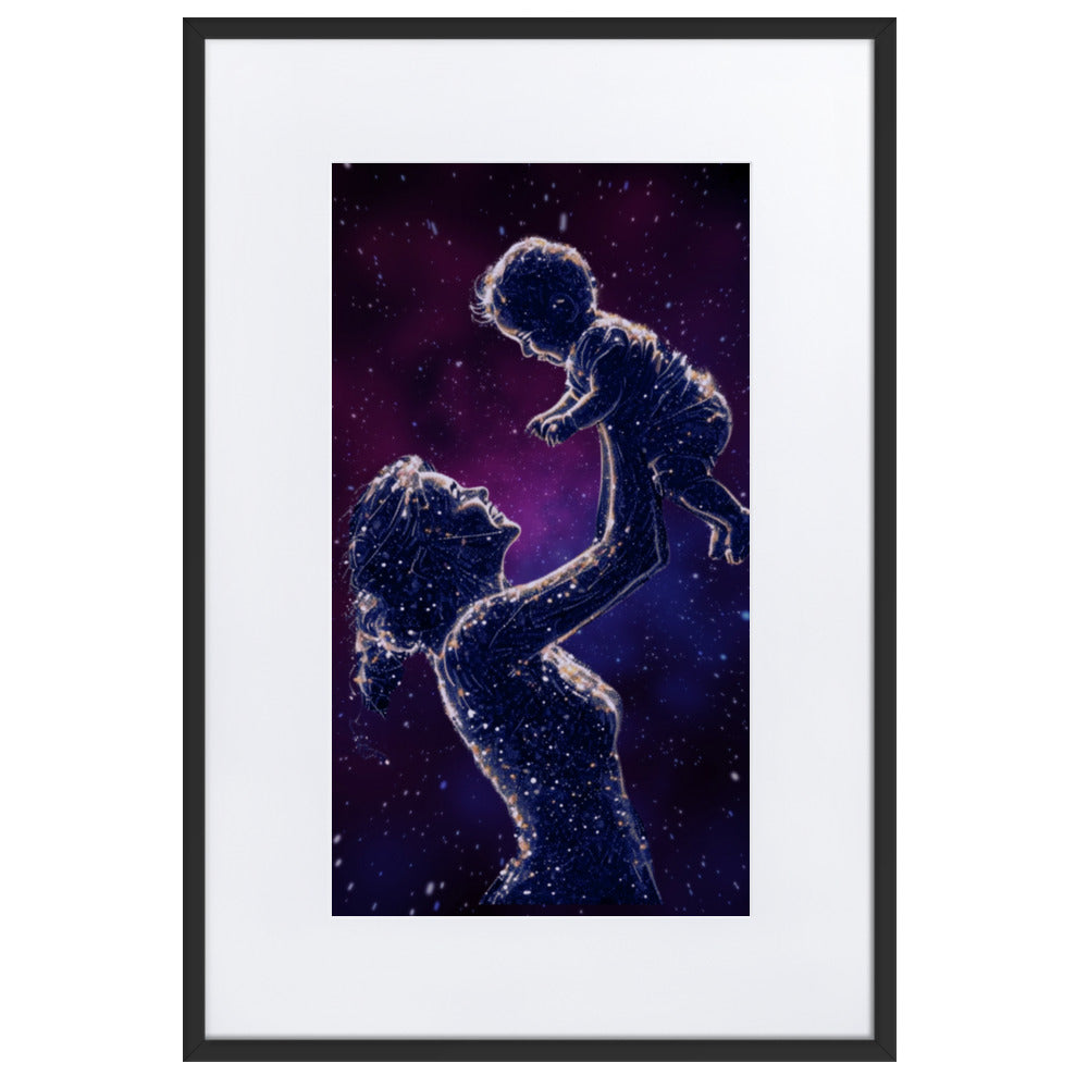 Framed art titled 'Celestial Motherhood – Cosmic Starry Night,' featuring a cosmic design with a mother and child under a starry sky, perfect for elegant and meaningful home decor.