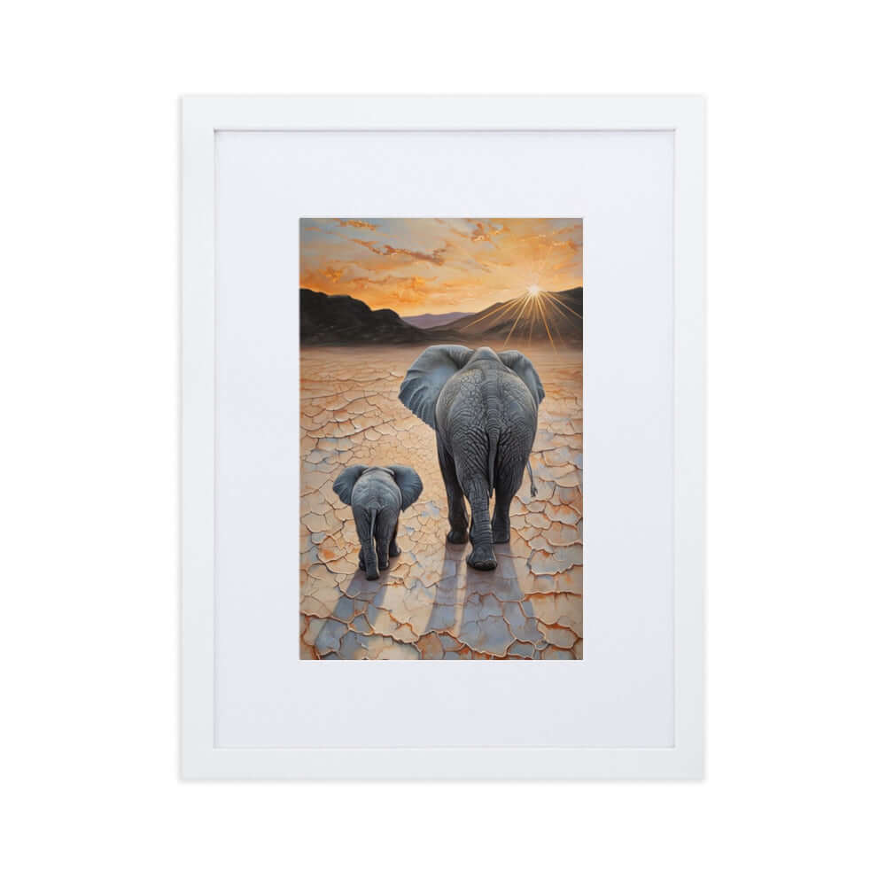 Framed "{{product-type}}" featuring a mother and baby elephant with the title "{{title}}". A thoughtful nursery and new mum gift.