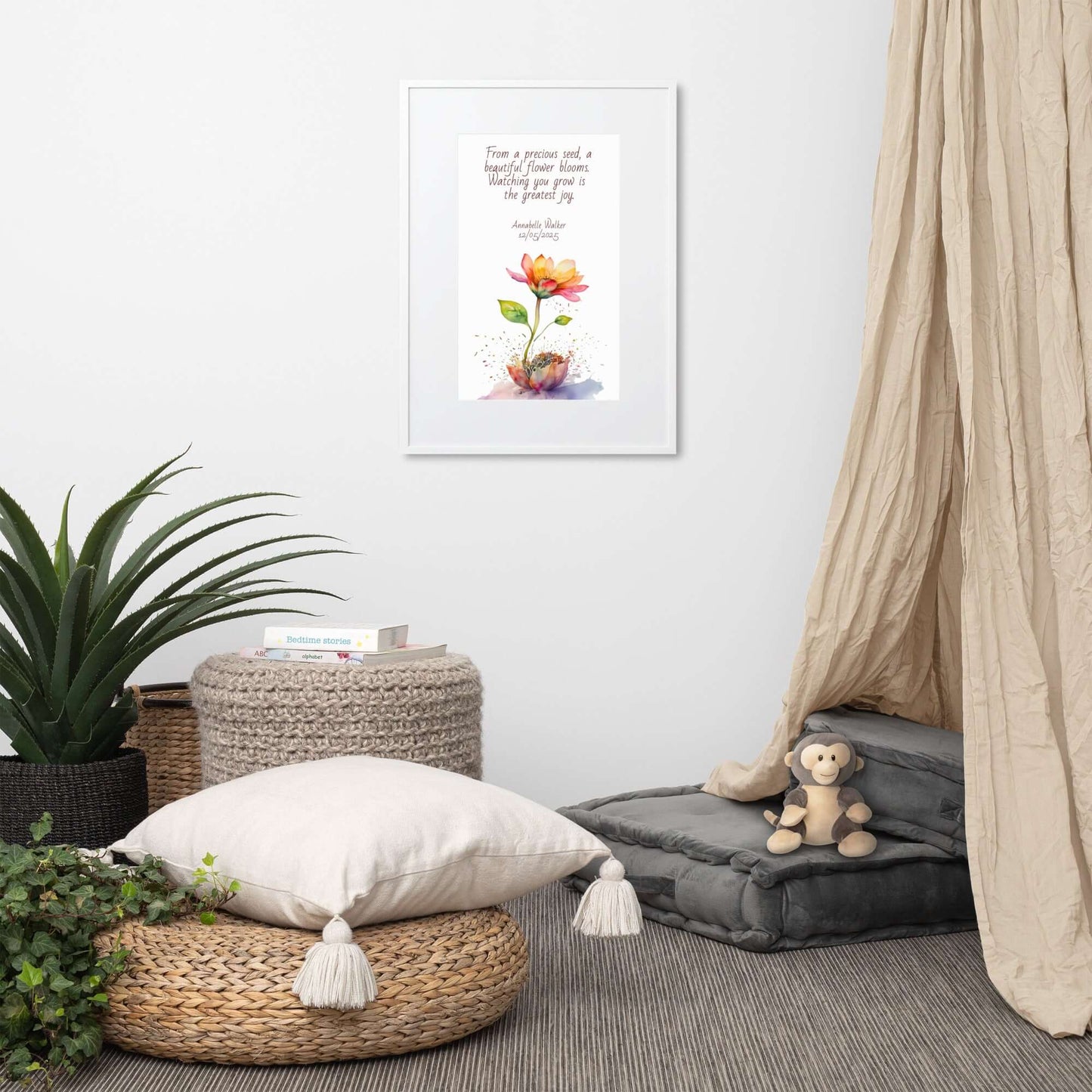 Personalised "{{product-type}}" with a flower design and the poem "{{title}}" for new parents.
