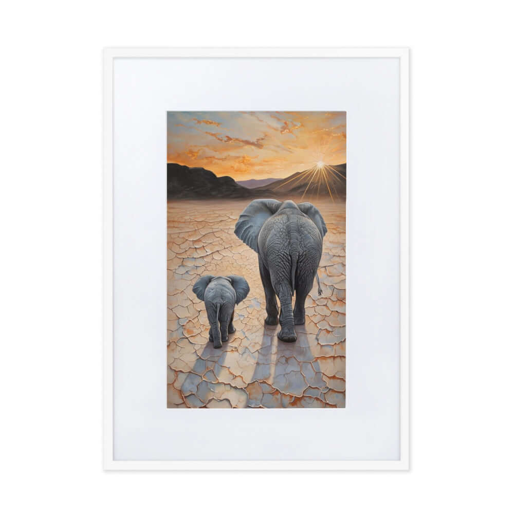 Framed "{{product-type}}" featuring a mother and baby elephant with the title "{{title}}". A thoughtful nursery and new mum gift.