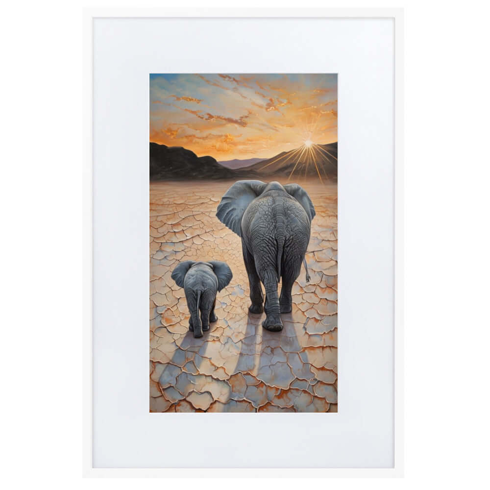 Framed "{{product-type}}" featuring a mother and baby elephant with the title "{{title}}". A thoughtful nursery and new mum gift.
