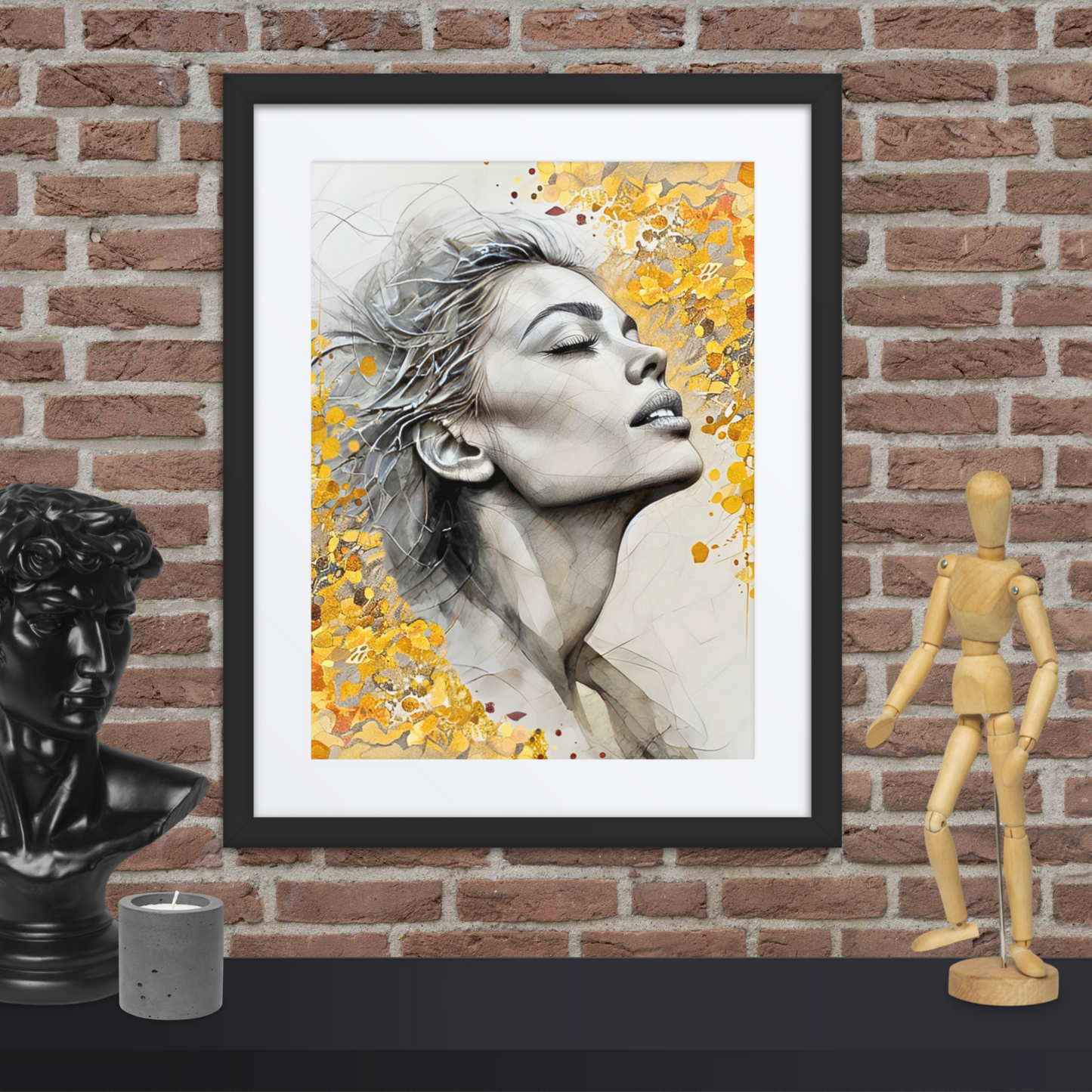 Black framed poster with mat showcasing a serene watercolor portrait of a woman's face with golden floral accents. Elegant and inspirational wall art for home decor.
