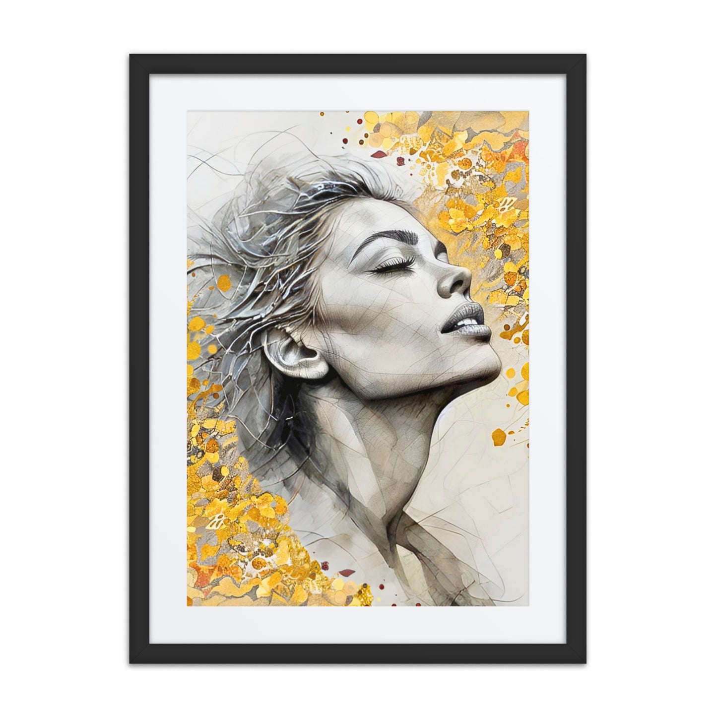 Black framed poster with mat showcasing a serene watercolor portrait of a woman's face with golden floral accents. Elegant and inspirational wall art for home decor.