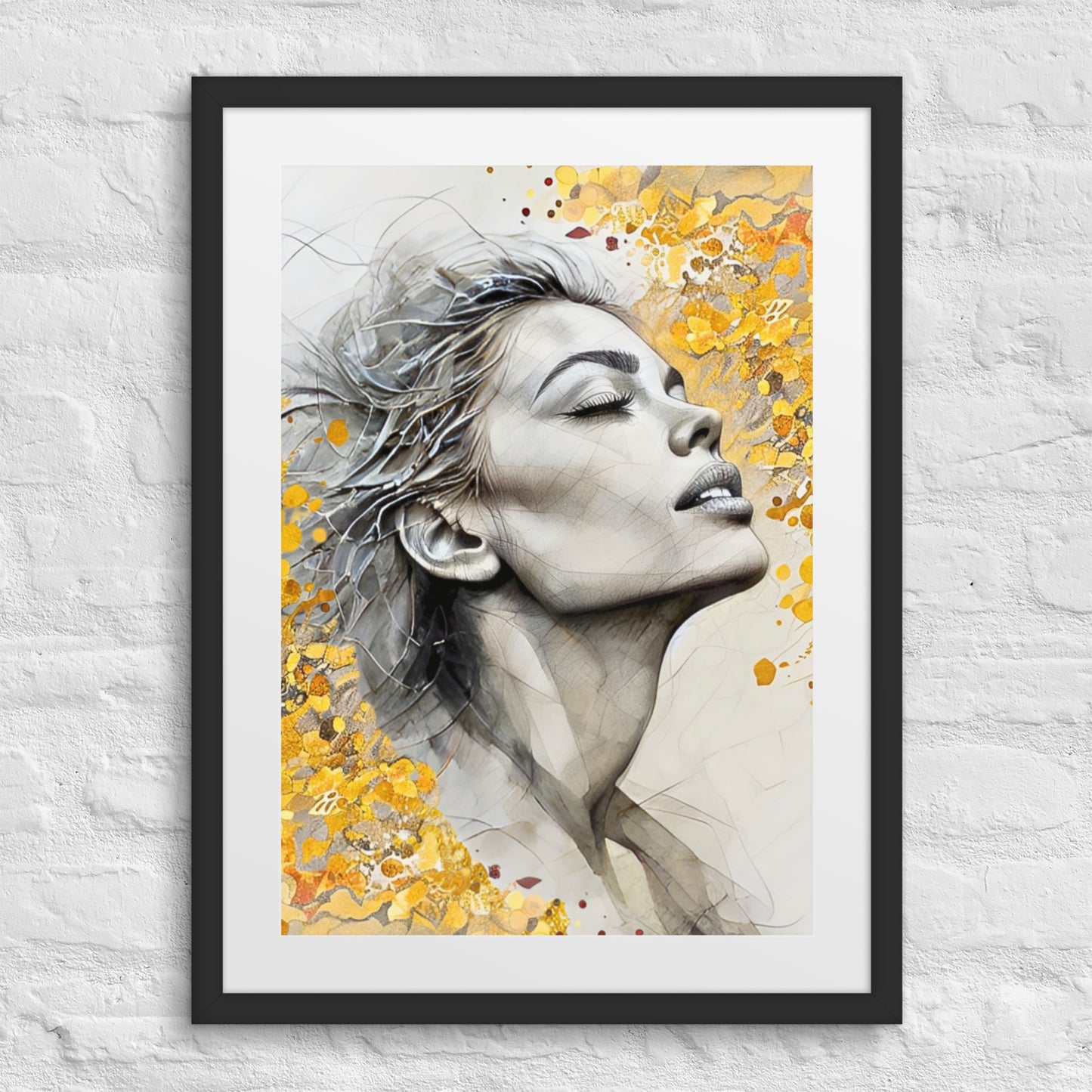 Black framed poster with mat showcasing a serene watercolor portrait of a woman's face with golden floral accents. Elegant and inspirational wall art for home decor.
