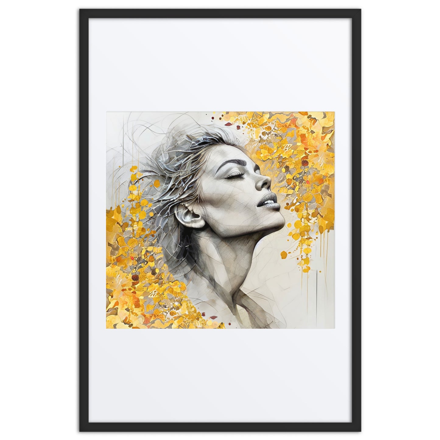 Black framed poster with mat showcasing a serene watercolor portrait of a woman's face with golden floral accents. Elegant and inspirational wall art for home decor.